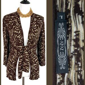 Zozo Brown Animal Pattern Knit Open Cardigan Sweater Front Ties Career Sz L